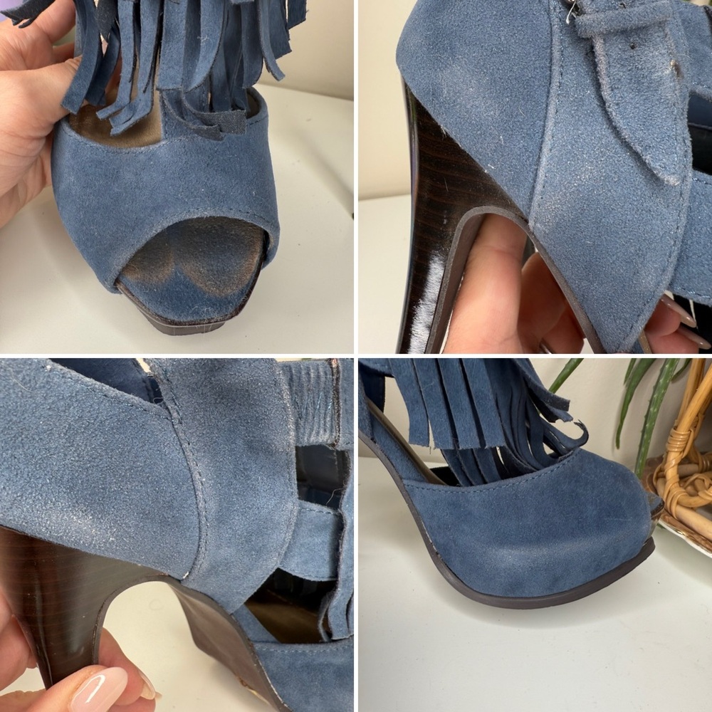 JustFab Blue Faux Suede Fringe Peep Toe High Heel Sandals Women’s Size 8.5 - Picture 9 of 9